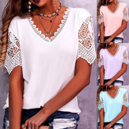 Lace Summer Loose V Neck Short Sleeve Casual Shirts