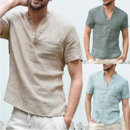 Casual Linen Solid Color Button V Neck Beach Shirt