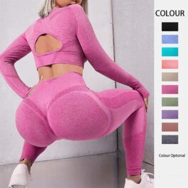 Long Sleeve Hollow Design Tops And Butt Lifting High Waist Seamless Fitness Leggings Set