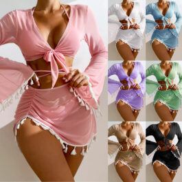 4pcs Solid Color Bikini With Short Skirt And Long Sleeve Cover-up