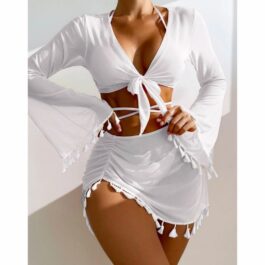 4pcs Solid Color Bikini With Short Skirt And Long Sleeve Cover-up