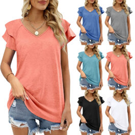 Solid Color Ruffle Short Sleeve T Shirt Blouses