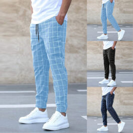 Fashion Plaid Print Men’s Casual Drawstring Trousers