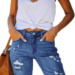 Summer Mid-waist Slim-fit Cropped Ripped Tassel Jeans For Women