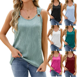 With Metal Button Solid Color Round Neck Sleeveless Summer Tank Tops