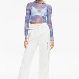 Women’s Round Neck Exposed Navel Long -sleeved Mesh Printed Tops