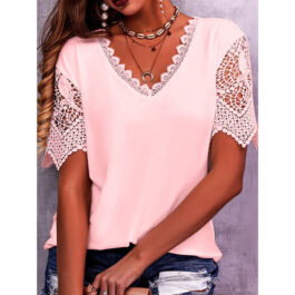 Lace Summer Loose V Neck Short Sleeve Casual Shirts