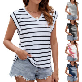 Stripe Print V-neck Short-sleeved T-Shirt