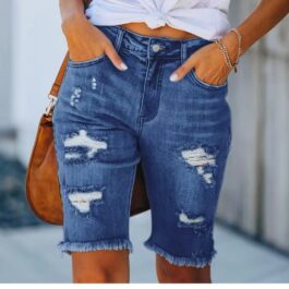 Summer Mid-waist Slim-fit Cropped Ripped Tassel Jeans For Women